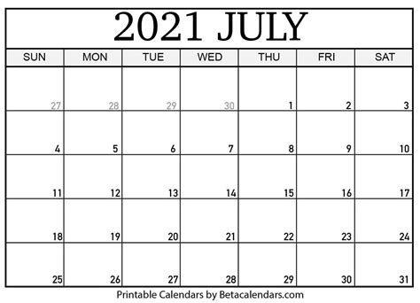 July 2021 Blank Calendar Printable